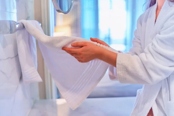 Woman Drying Her Hands White Cotton Soft Towel Bathroom — 스톡 사진