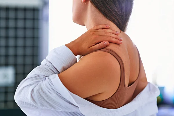 Close Painful Unwell Unhealthy Woman Suffering Pinched Inflammation Nerve Neck — Stock Photo, Image
