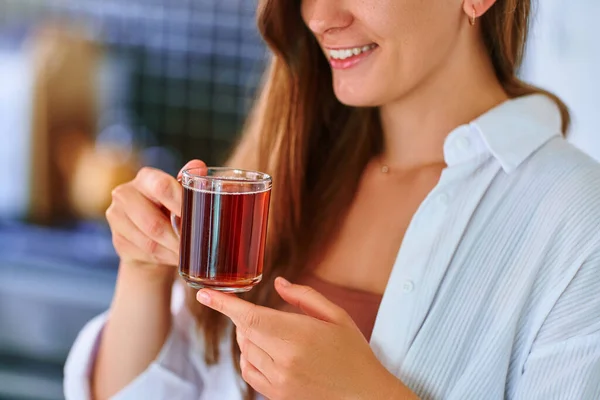 Happy Beautiful Joyful Carefree Satisfied Attractive Woman Drinking Hot Black — Stock Photo, Image