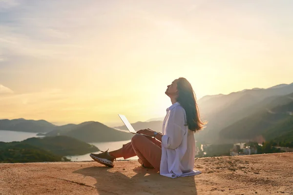 Free Happy Inspired Freelancer Girl Enjoys Remote Works Computer Sunset Royalty Free Stock Images