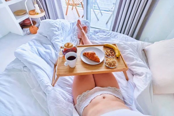 Waking Woman Enjoy Breakfast Bed Comfortable Lazy Cozy Morning — Stock Photo, Image