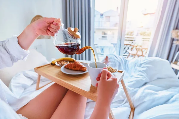 Waking Woman Enjoy Breakfast Bed Comfortable Lazy Cozy Morning — Stock Photo, Image