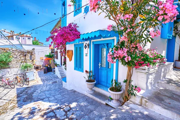 Piękny Stary Kolorowy Kwiat Ulicy Białymi Domami Niebieskimi Drzwiami Europejskim — Zdjęcie stockowe
