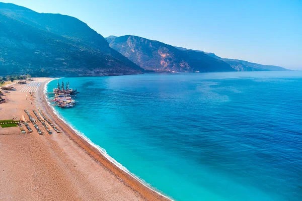 Aerial View Mediterranean Sea Bay Mountain Sandy Beach Boats Sunny — Stock Photo, Image