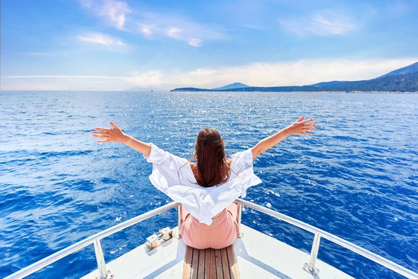 Free Carefree Satisfied Happy Inspired Traveler Girl Open Arms Enjoys Stock Picture