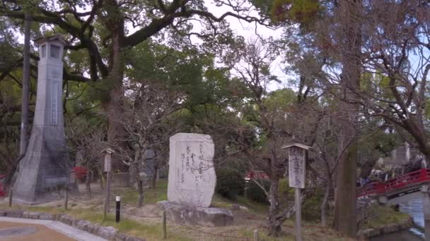 日本九州 12月 2022 ランタンのパンビデオと 杉原道真に捧げられた日本の太宰府神社で太鼓橋の前で 梅の木を提供しました — ストック動画