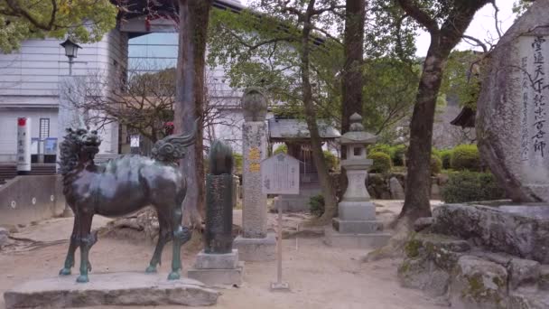 日本九州 12月 2022 杉原道真の奉仕者キリンやバルフィンチの鳥の彫像のパンビデオは 大宰府神社の彫刻についての説明板を脇に — ストック動画