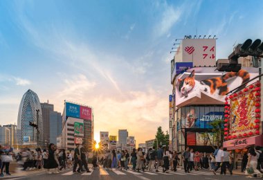 Tokyo, Japonya - 28 Nisan 2024: Shinjuku doğu çıkışındaki günbatımı panoraması Cross Shinjuku Vision binasının 3 boyutlu dev kedisiyle kesişiyor..