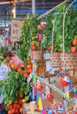 Tokyo, asakusa - 9 Temmuz 2024: Senso-ji Tapınağı 'ndaki Hoozuki Market tezgahında Japon fenerlerini örülmüş bambu saksılarda bitkiler ve Budist Obon festivali sırasında ruhlara rehberlik etmek için cam rüzgar çanları sergiliyordu..