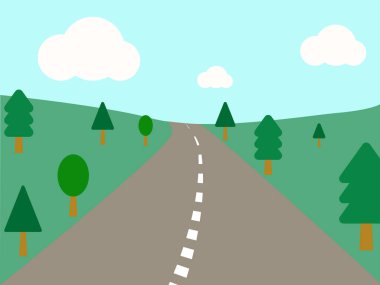 Illustration of road and tree and white clouds on blue sky vector