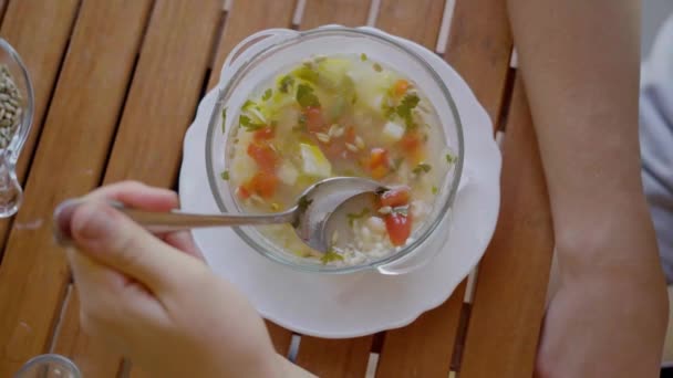 Woman Eats Delicious Vegetarian Soup Vegetables Seeds Slow Motion Close — Videoclip de stoc