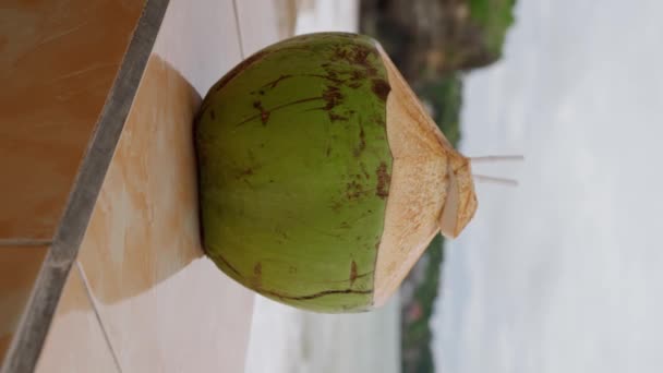 熱帯海岸のレストランのカウンターで若いココナッツ スローモーション 垂直ビデオ — ストック動画