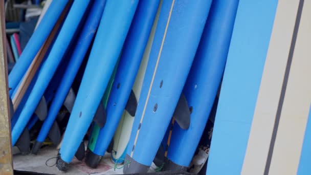 Zahlreiche Blaue Surfbretter Entlang Der Wand Schaffen Eine Grafische Kunstszene — Stockvideo