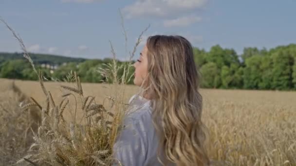 Портретное Видео Крупным Планом Красивая Женщина Белом Платье Пшеничном Поле — стоковое видео