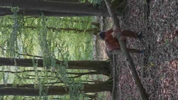 Sexy Man Brutal Lumberjack Naked Torso Lifts Log Puts His — Stock Video
