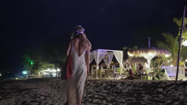 Woman Walks Ocean Night Back View Depressive Mood Concept Loneliness — Stock Video
