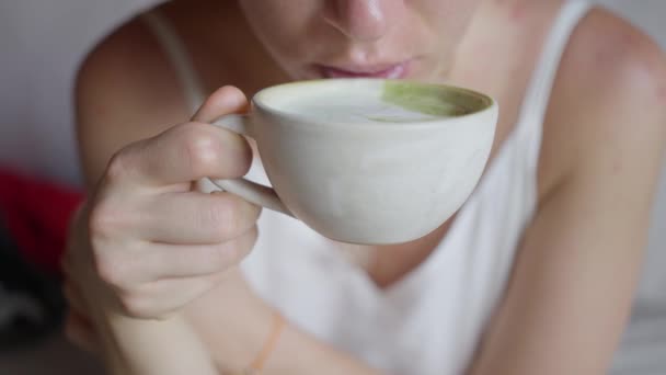 Woman Coffee Cup Girl Drinks Green Matcha Latte Slow Motion — Stock Video