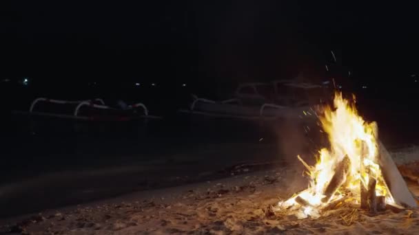 Tábortűz Tenger Mellett Nagy Tűz Éjszaka Füst Szikrák Emelkedik Sötét — Stock videók