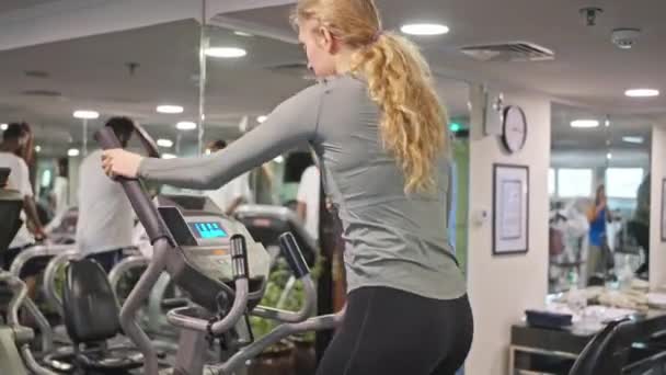 Kvinne Med Sporty Figur Leggings Tog Bane Treningsstudioet Opptak Høy – stockvideo