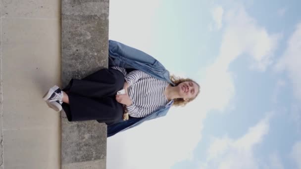 Slow Motion Video Young Ukrainian Woman Denim Jacket Enjoying Sunny — Stock Video
