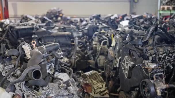 Used Auto Parts Pile Old Car Garage Mechanical Parts Heap — Stock Video