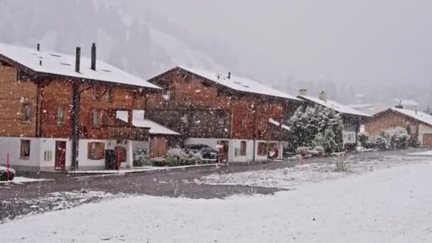 Eine Reihe Schneebedeckter Holzhäuser Mit Schneebedeckten Dächern Und Bäumen Schaffen — Stockvideo