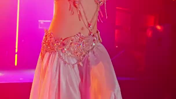 Woman Performing Sensual Belly Dance Electric Blue Lights Dimly Lit — Stock Video