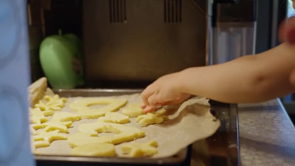 Video Dimostrativo Biscotti Forno Con Bambino Adulto Utilizzando Forno Forno — Video Stock
