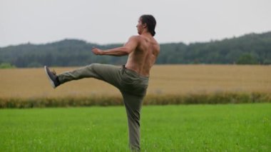 Bir erkek dövüş sanatçısı, yeşil çimenler ve bulutlu gökyüzünün altındaki uzak tepelerle çevrili kırsal alanda enerjik bir şekilde antrenman yapıyor. Döner tekme, döner tekme ve kasırga tekmesi. Yavaş çekim 4k