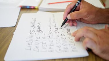 Önemli bir çalışma sırasında not defterine özenle notlar yazan ve Almanca öğrenen bir elin detaylı bir yakın çekimi.