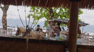 03.03.2023 Gili Adası. Endonezya 'da. Huzurlu bir ortamda muhteşem bir at ve sakin suyun yanında bir araçla çarpıcı bir sahil manzarası.