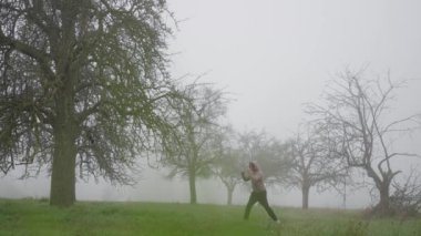Sabah sisli bir alanda karate eğitimi alan Dövüş Sanatları Ustası sakin, puslu bir manzarada zarif bir performans sergiliyor, güzel bir şekilde özgürlük ve yaratıcılığı temsil ediyor. Sonbaharın sonunda. Yavaş çekim