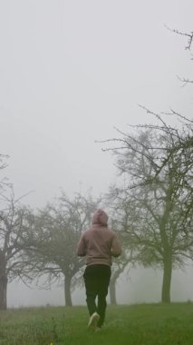 Bir adam sisli bir parkta sakin bir atmosfer ve pitoresk bir doğa sahnesi yaratarak sürekli koşuyor. Ağır çekim. Yüksek kalite 4k görüntü