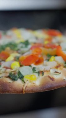 Renkli sebzeler ve aromatik otlarla kaplı ağız sulandıran bir pizza. Tüm yemek severler için mükemmel. Ağır çekim. Yüksek kalite 4k görüntü