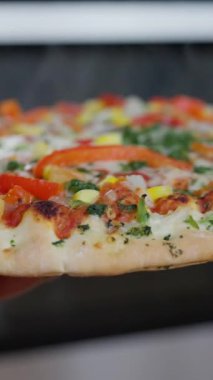 Sıcak, lezzetli, pepperonili pizza, yakından. Abur cubur. Pizza teslimatı. Lezzetli İtalyan yemeği yakın plan. İnsanlar yemek siparişi veriyor. Atıştırmalık bir şeyler. Domates Basili Pineapple Pieces. Yüksek kalite 4k görüntü