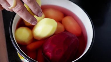 Canlı ve renkli, taze soyulmuş, suya batırılmış sebzeler. Pişirmek ve korumak için ideal.