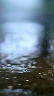 Yağmur damlalarını kapatın, sakin bir su yüzeyinde hafif dalgalanmalar oluşturun, Sakince Çiseleyen Serene Yağmuru 'nu ve Aşağıdaki Huzurlu Suları Deneyin. Ağır çekim. Yüksek kalite 4k görüntü