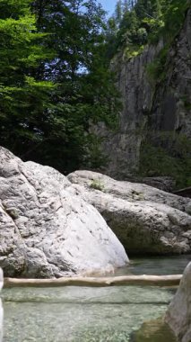 Kayalık oluşumlar ve yemyeşil yemyeşil ile çevrili pırıl pırıl, berrak bir derenin huzurlu ve huzurlu manzarası.