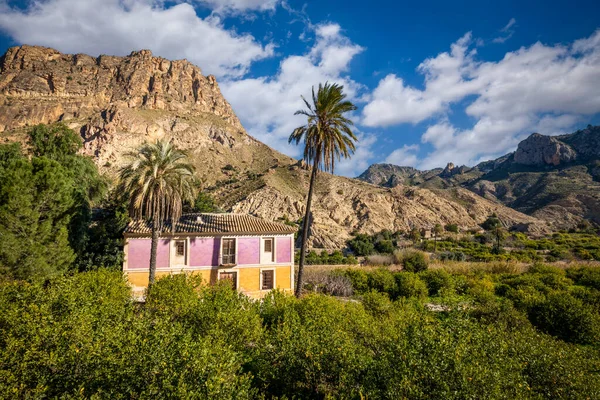 Typical landscape of the Ricote Valley, in the Region of Murcia, Spain with typical two-color house and palm trees, mountains and lemon tree crops in the valley