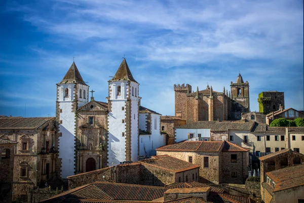 View Old Town Caceres Spain Bell Tower Cathedral Church San — Stock Photo, Image