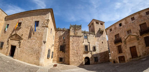 Forced Panoramic Fisheye View Two Squares Old Town Caceres Spain — Stock Photo, Image