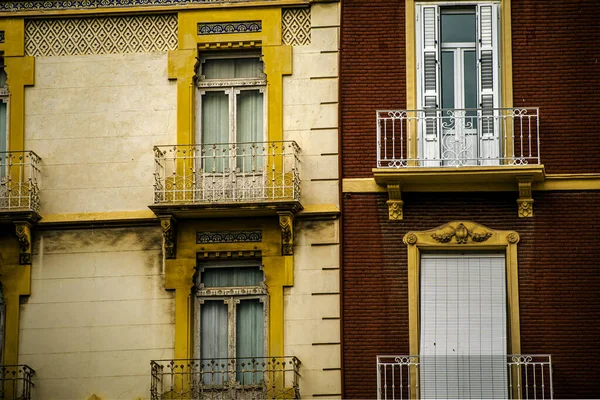 Detalles Fachadas Típicas Cartagena Murcia España Diferentes Colores Balcones Metálicos — Foto de Stock