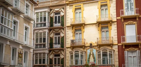 Detalles Fachadas Típicas Cartagena Murcia España Diferentes Colores Balcones Metálicos — Foto de Stock