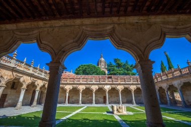 Salamanca, Castilla y Leon 'un arka planında katedral kulesi olan küçük okullarının anıtsal avlusu.