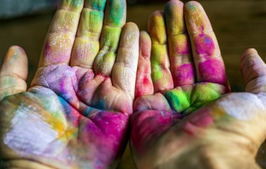 Hindistan renk festivalinin parlak renkli tozlarıyla eller, Holi