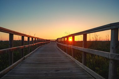 İspanya 'nın Murcia bölgesindeki Salinas de San Pedro bölge parkında gün doğumunda tahta yol.