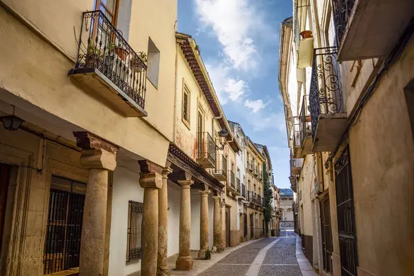 Alcaraz Belediye Başkanı Calle, Albacete, Castilla la Mancha, İspanya tarihi binalarıyla Plaza Anıtı 'na doğru gidiyor.