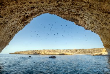 View of Cala Blanca beach, Puntas de Calnegre regional park, Region of Murcia, Spain, from a large cave with swallows in the sky clipart