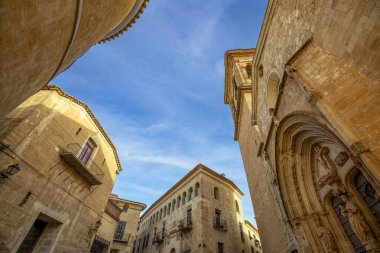 Chinchilla de la Mancha 'nın üst kısmı Montearagn, Albacete, Castilla-La Mancha, İspanya Santa Maria del Salvador Kilisesi, Nuez Cortes Sarayı ve diğer tarihi binalar manzaralı.