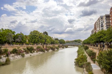 İspanya 'nın Murcia kentinden geçen Segura Nehri' nin manzarası, arka planda ağaç sıralı kıyıları ve Demir Köprü ile